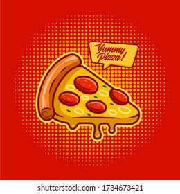 pizza on red and yellow comic popart halftone  background illustration vector