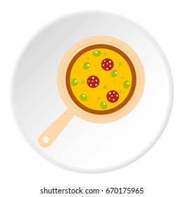 Pizza on round board icon in flat circle isolated vector illustration for web