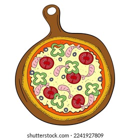 pizza on a round board vector illustration.