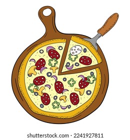 pizza on a round board vector illustration.