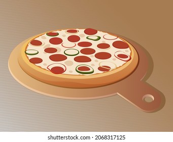 Pizza on a round cutting board on a brown background