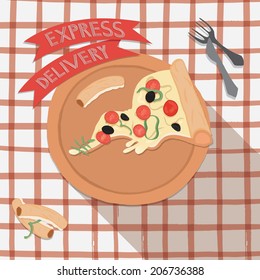 Pizza on a scotch table cloth