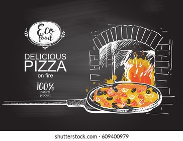 pizza on a shovel baked in the wood fire oven in the kitchen Hot fresh pizza in a rustic Italian style with olives mushrooms and cheese. Hand-drawn vector illustration line sketch