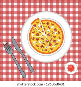 Pizza on the table with a knife and fork and served with ketchup. Dinner is served on the table, top view. on a red napkin