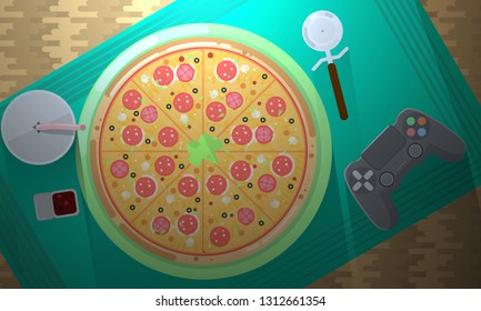 Pizza on the table with soda. In the evening, playing a console with eating pizza.