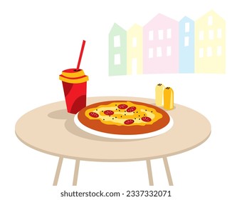 Pizza on the table of a street cafe in the old town.