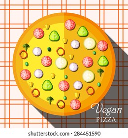 Pizza on the tablecloth. Flat vector illustration.