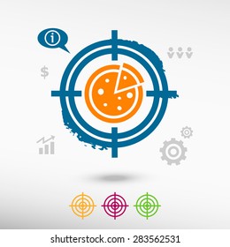 Pizza on target icons background. Flat illustration.
