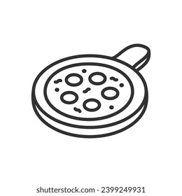 Pizza on a tray, linear icon. Hot ready pizza from the oven. Line with editable stroke