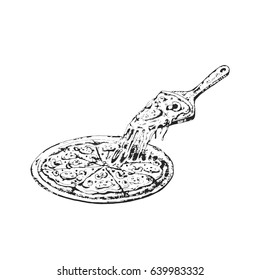 Pizza on a tray and a spatula with the first piece. Vector illustration of a sketch. Hand-drawn.