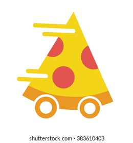Pizza on the wheels. Pizza delivery fast flat vector icon on white background