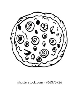 Pizza on a white background. freehand drawing. Vector illustration. Doodle art. Freehand outline ink hand drawn.