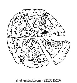 Pizza on a white background. Italian pizza, Pizza design template hand drawn vector illustration realistic sketch. Pizza on a wooden board, hand-drawn illustration