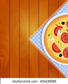 Pizza on White Plate on Kitchen Napkin at Wooden Boards Background Vector Illustration EPS10