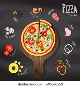 Pizza em tábua de corte de madeira no fundo quadro-negro com os ingredientes para a pizza: pimenta, arco, tomate, camarões, presunto, abacaxi, presunto, vegetação e cogumelos. Ilustração vetorial