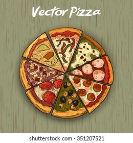 Pizza on a wooden background. hand drawn illustration. Vector