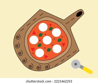 Pizza on a wooden board with pizza cutter near it