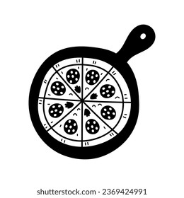 Pizza en un doodle de madera. Ilustración de vectores de comida a mano para pizzería, entrega, menú, diseño de cocina. Peperoni con salami en la bandeja