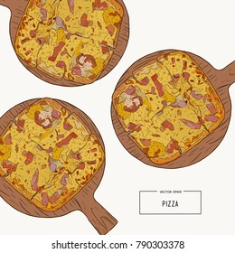Pizza on the wooden board hand draw sketch vector. ham , bacon and cheese.