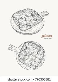 Pizza on the wooden board hand draw sketch vector. ham , bacon and cheese.