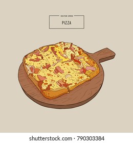 Pizza on the wooden board hand draw sketch vector. ham , bacon and cheese.