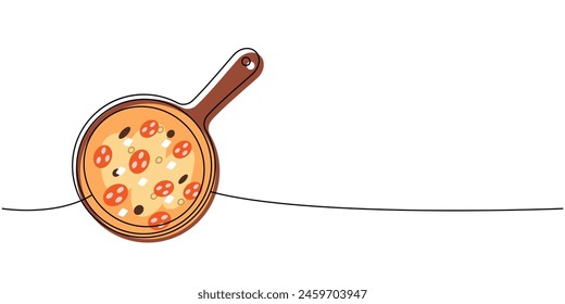 Pizza on a wooden board one line colored continuous drawing. Traditional italian fast food continuous one line illustration.