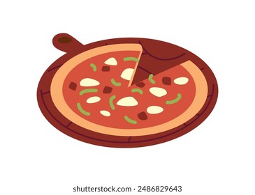 Pizza on the wooden board with sausage, cheese and vegetables. Cartoon delicious pizza with cut piece on the chalkboard isolated icon. Fast food, pizzeria restaurant menu vector illustration