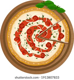 Pizza on a wooden plate with a cut slice. Served fresh pizza margarita with cheese, tomatoes, sauce, basil and sesame seeds on a crispy crust. Top view vector illustration on isolated background