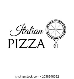 Pizza on a wooden shovel. Italian Pizza logo. Pizzeria label. Pizza delivery logo. Vector illustration.