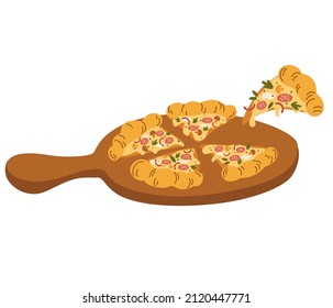 Pizza on a wooden stand. Delicious pizza with mozzarella cheese, sausage, mushrooms, herbs and pepper. Traditional Italian fast food. Vector hand draw cartoon illustration