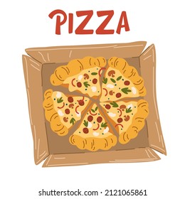 Pizza on a wooden stand. Delicious pizza with mozzarella cheese, sausage, mushrooms, herbs and pepper. Traditional Italian fast food. Vector hand draw cartoon illustration