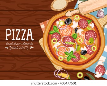 Pizza on a wooden table, making pizza, fresh ingredients for pizza hand drawn vector illustration 