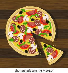 pizza on wooden table, one slice pulled away 