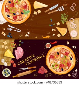 Pizza on wooden table top view banner. Making pizza, fresh ingredients for pizza vector 