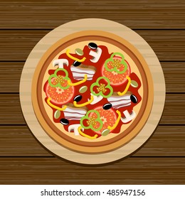 Pizza on a wooden table. Vector