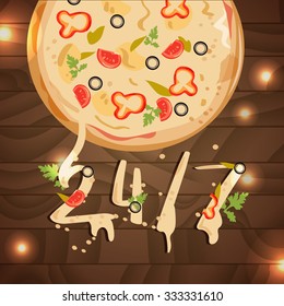 Pizza on wooden texture. Vector isolated illustration. Can be used for banners, cards