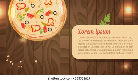 Pizza on wooden texture. Vector isolated illustration. Can be used for banners, cards