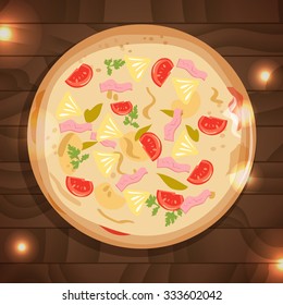Pizza on wooden texture. Vector isolated illustration. Can be used for banners, cards. Hawaiian