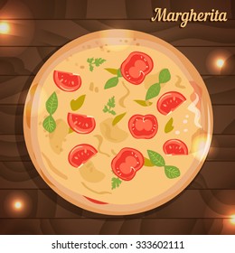 Pizza on wooden texture. Vector isolated illustration. Can be used for banners, cards. Margherita