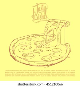 Pizza on yellow background retro sketch vector illustration