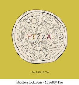 Pizza on a yellow background.Pizza fast food with ingredients