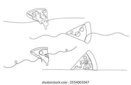 Pizza one continuous line illustration. Hand drawn doodle sketch of fast food on white background