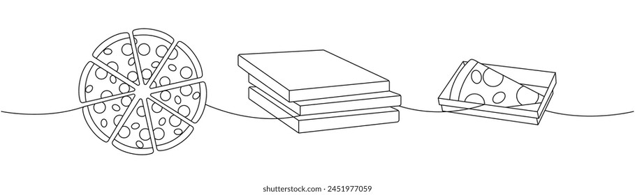 Pizza one line continuous drawing. Whole pizza with ingredients, pizza boxes, slice continuous one line illustration. Vector linear illustration.