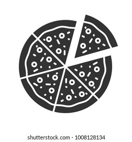 Pizza with one slice separated glyph icon. Silhouette symbol. Negative space. Vector isolated illustration