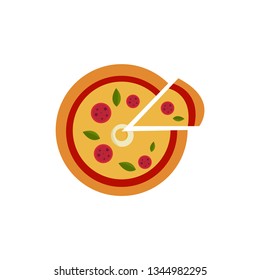 Pizza with one slice separated icon with on white background
