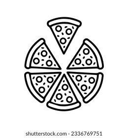 Pizza with one slice separated linear icon. Thin line illustration. Contour symbol. Vector isolated line drawing. Editable stroke