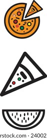 Pizza with one slice separated linear icon and one slice vector illustration.