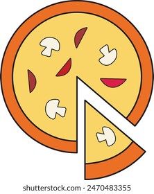  a pizza with one slice separated from the rest. 