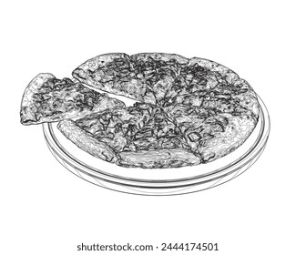 Pizza with one slice separated wireframe icon. Thin line illustration. Wireframe symbol. Vector isolated drawing. Pizza with one slice separated linear icon. 3D.