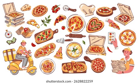 Pizza online order, delivery and eating cartoon set. Funny hot takeaway pizza menu, deliveryman on scooter and boxes. Fast food restaurant mascots, cartoon pizzeria collection vector illustration